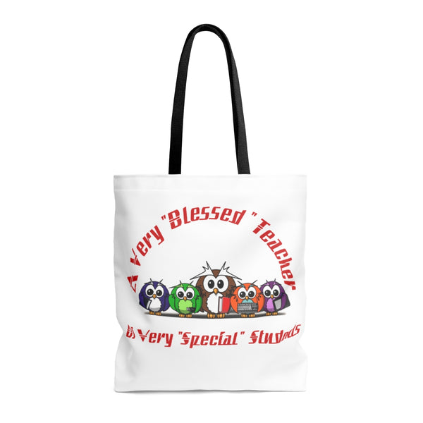 "Blessed Owl Teacher" Red Letters AOP Tote Bag