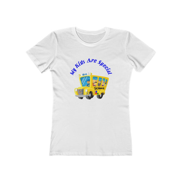 "Schoolbus Special Kids" Blue Letters Women's The Boyfriend Tee