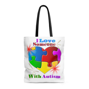 "I Love Someone with Autism" AOP Tote Bag