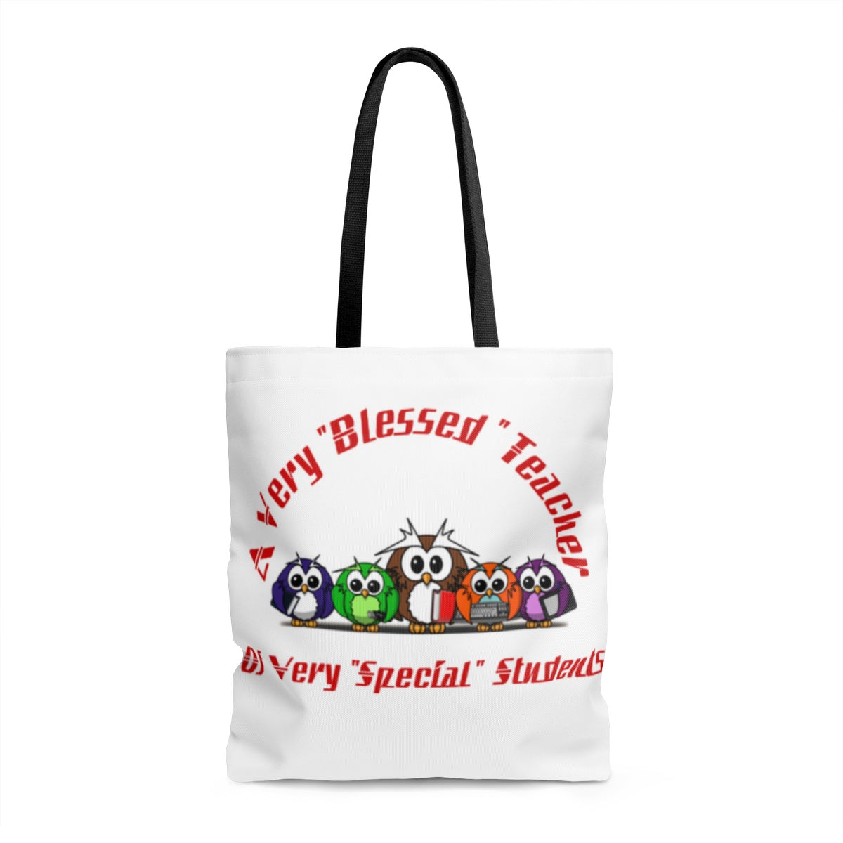 "Blessed Owl Teacher" Red Letters AOP Tote Bag